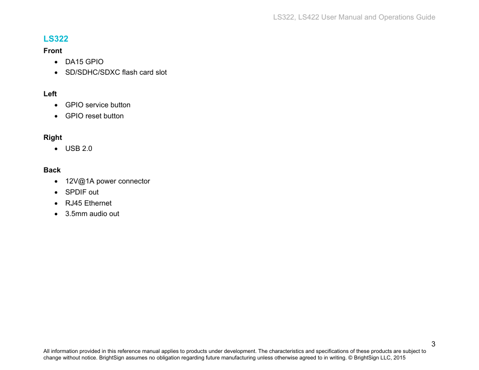 Ls322 | BrightSign LS322 Hardware User Manual | Page 6 / 16