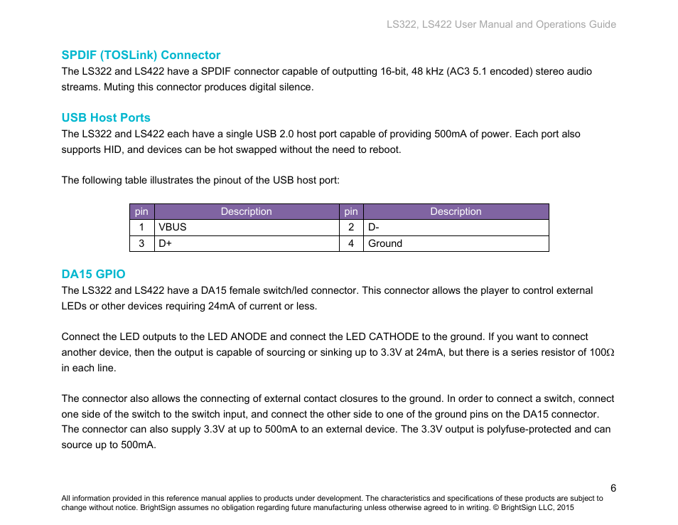 Spdif (toslink) connector, Usb host ports, Da15 gpio | BrightSign LS322 Hardware User Manual | Page 9 / 16