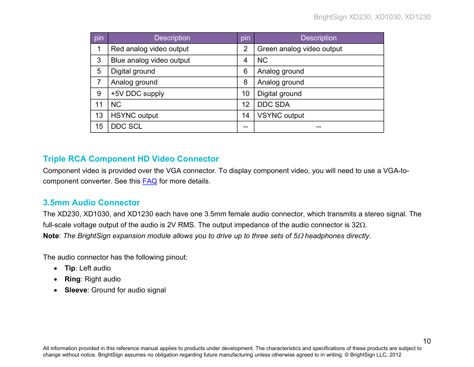 Triple rca component hd video connector, 5mm audio connector | BrightSign XD230 Hardware User Manual | Page 13 / 23