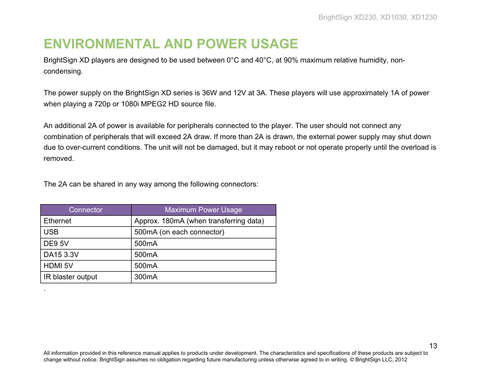 Environmental and power usage | BrightSign XD230 Hardware User Manual | Page 16 / 23