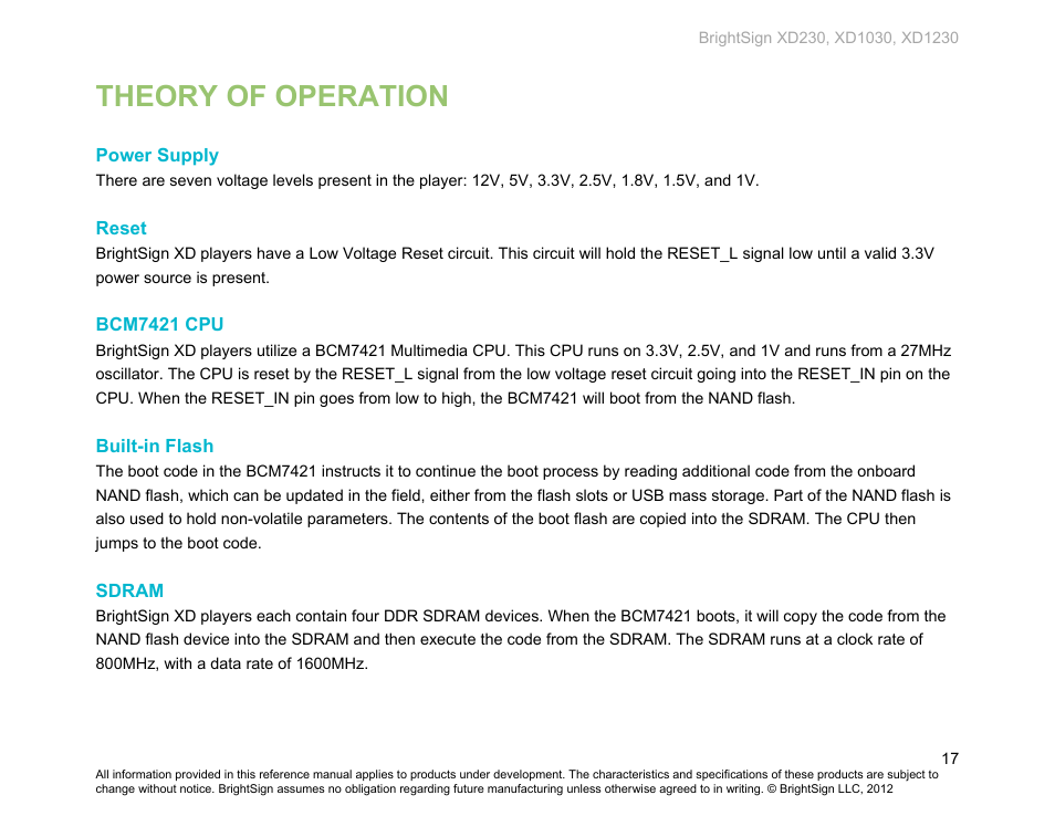 Theory of operation, Power supply, Reset | Bcm7421 cpu, Built-in flash, Sdram | BrightSign XD230 Hardware User Manual | Page 20 / 23