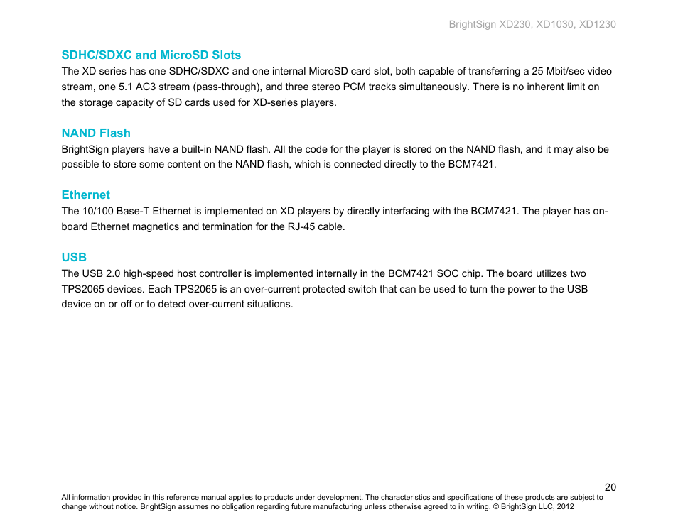Sdhc/sdxc and microsd slots, Nand flash, Ethernet | BrightSign XD230 Hardware User Manual | Page 23 / 23