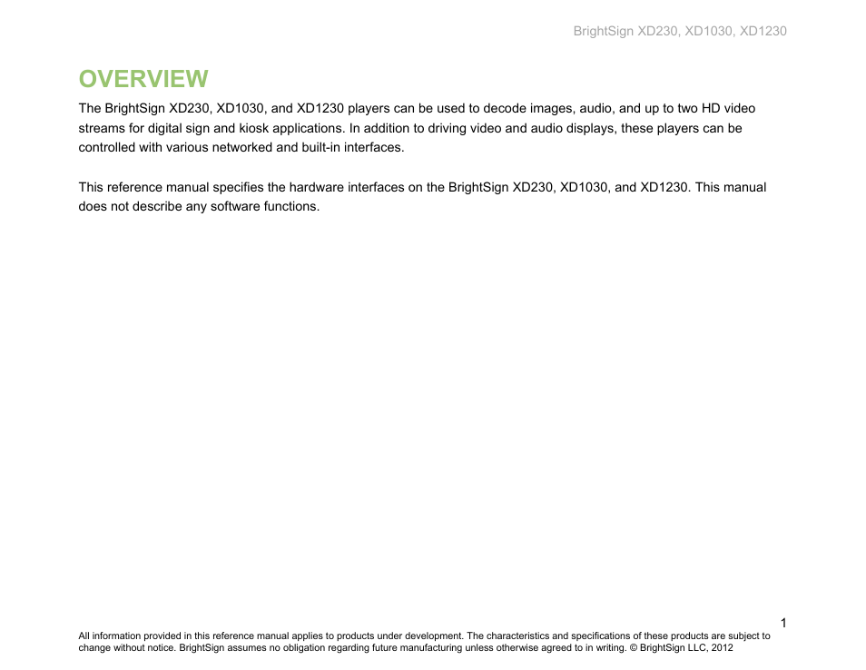Overview | BrightSign XD230 Hardware User Manual | Page 4 / 23
