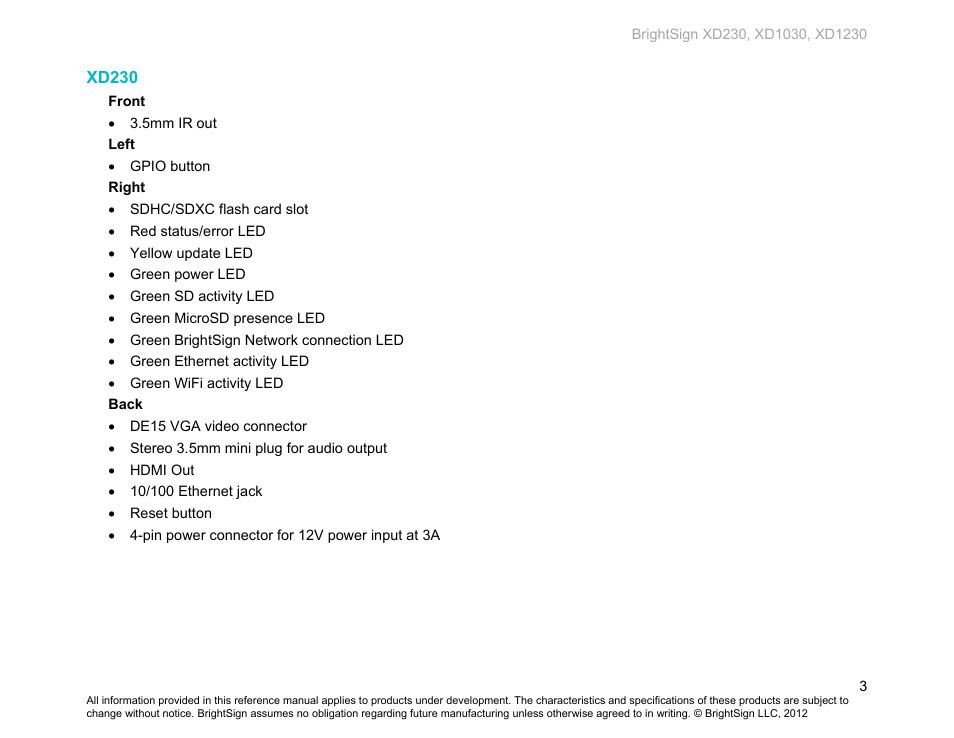 Xd230 | BrightSign XD230 Hardware User Manual | Page 6 / 23