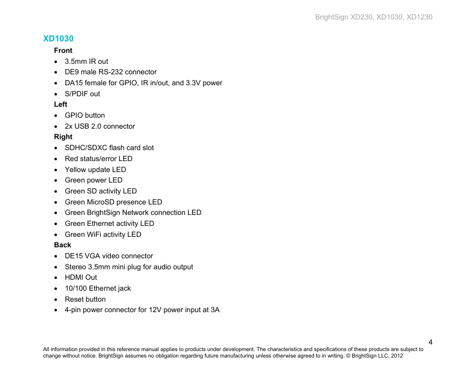 Xd1030 | BrightSign XD230 Hardware User Manual | Page 7 / 23