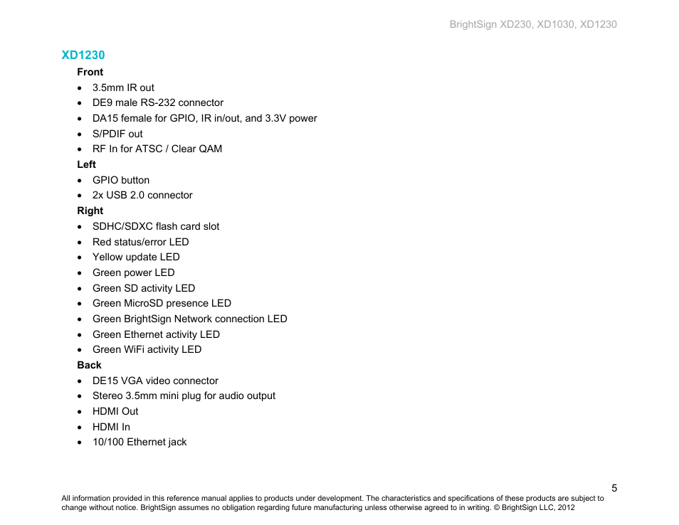 Xd1230 | BrightSign XD230 Hardware User Manual | Page 8 / 23