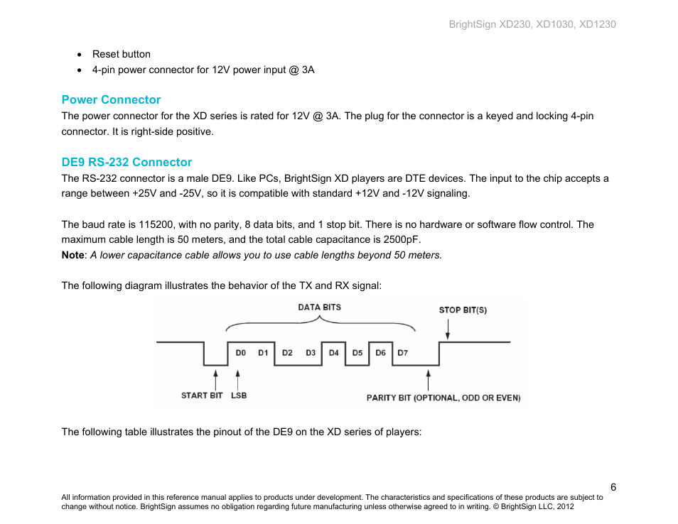 Power connector, De9 rs-232 connector | BrightSign XD230 Hardware User Manual | Page 9 / 23