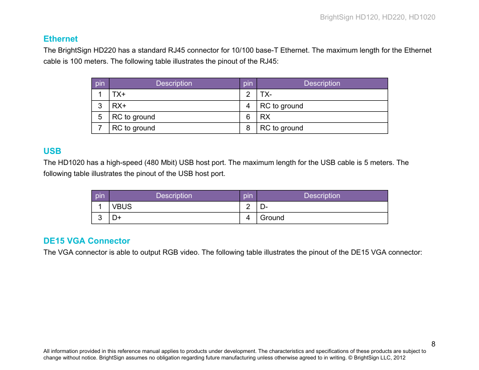 Ethernet, De15 vga connector | BrightSign HD120 Hardware User Manual | Page 11 / 21