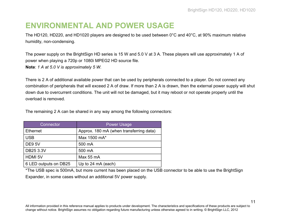 Environmental and power usage | BrightSign HD120 Hardware User Manual | Page 14 / 21