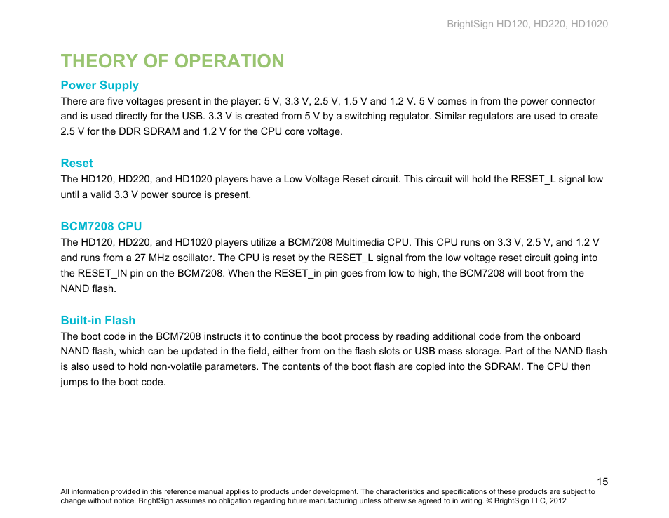 Theory of operation, Power supply, Reset | Bcm7208 cpu, Built-in flash | BrightSign HD120 Hardware User Manual | Page 18 / 21