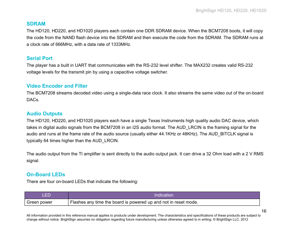 Sdram, Serial port, Video encoder and filter | Audio outputs, On-board leds | BrightSign HD120 Hardware User Manual | Page 19 / 21