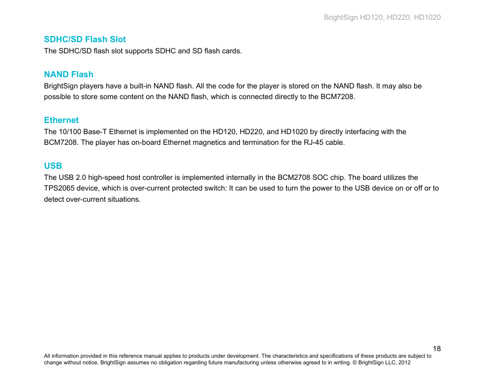 Sdhc/sd flash slot, Nand flash, Ethernet | BrightSign HD120 Hardware User Manual | Page 21 / 21