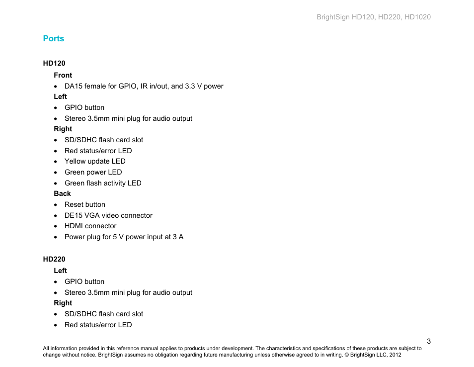 Ports, Hd120, Hd220 | BrightSign HD120 Hardware User Manual | Page 6 / 21