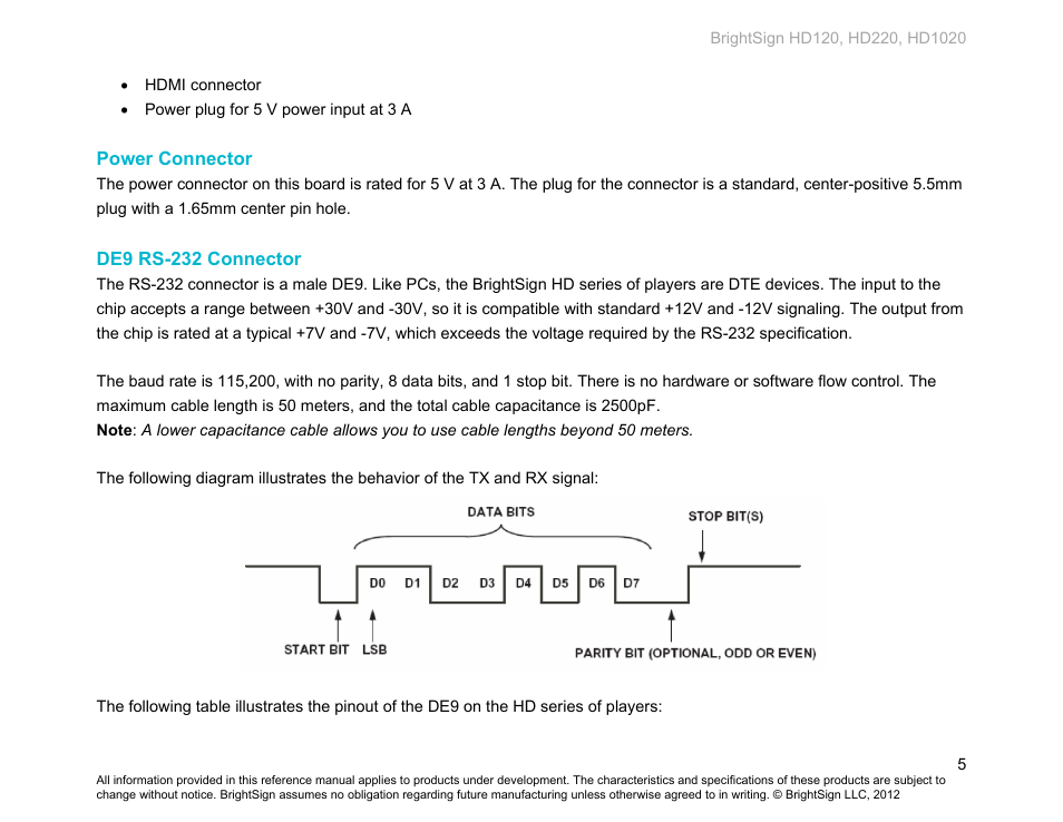 Power connector, De9 rs-232 connector | BrightSign HD120 Hardware User Manual | Page 8 / 21