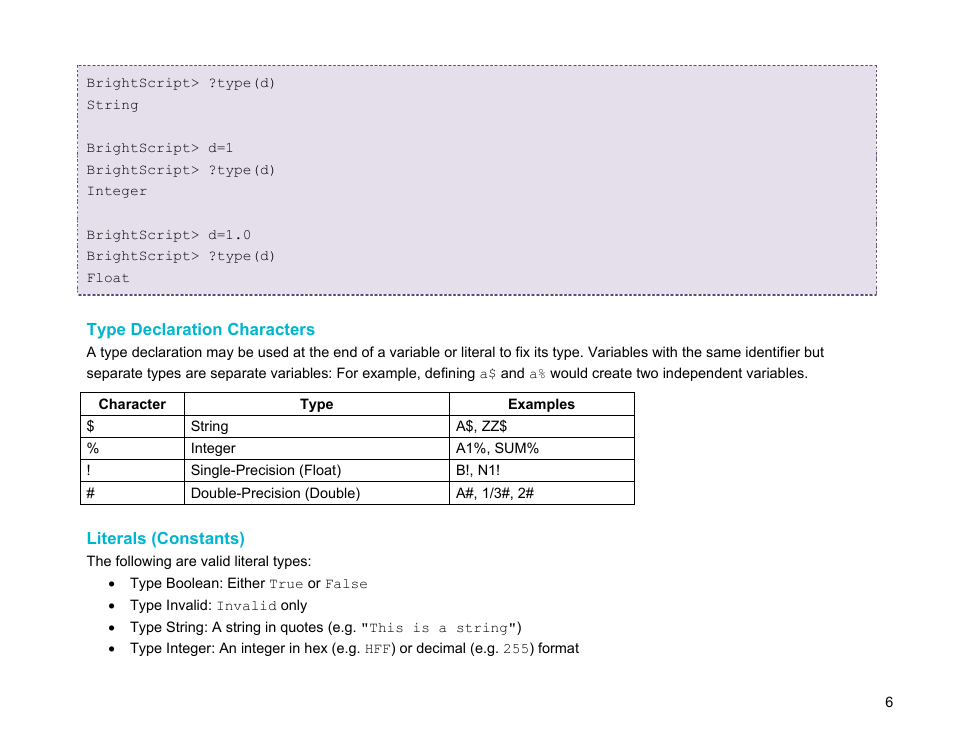 Type declaration characters, Literals (constants) | BrightSign BrightScript 3.0 Reference Manual User Manual | Page 11 / 75