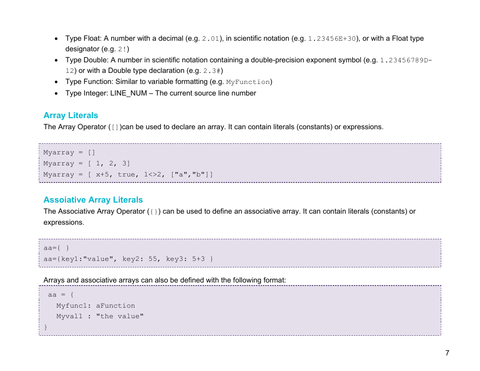 Array literals, Assoiative array literals | BrightSign BrightScript 3.0 Reference Manual User Manual | Page 12 / 75