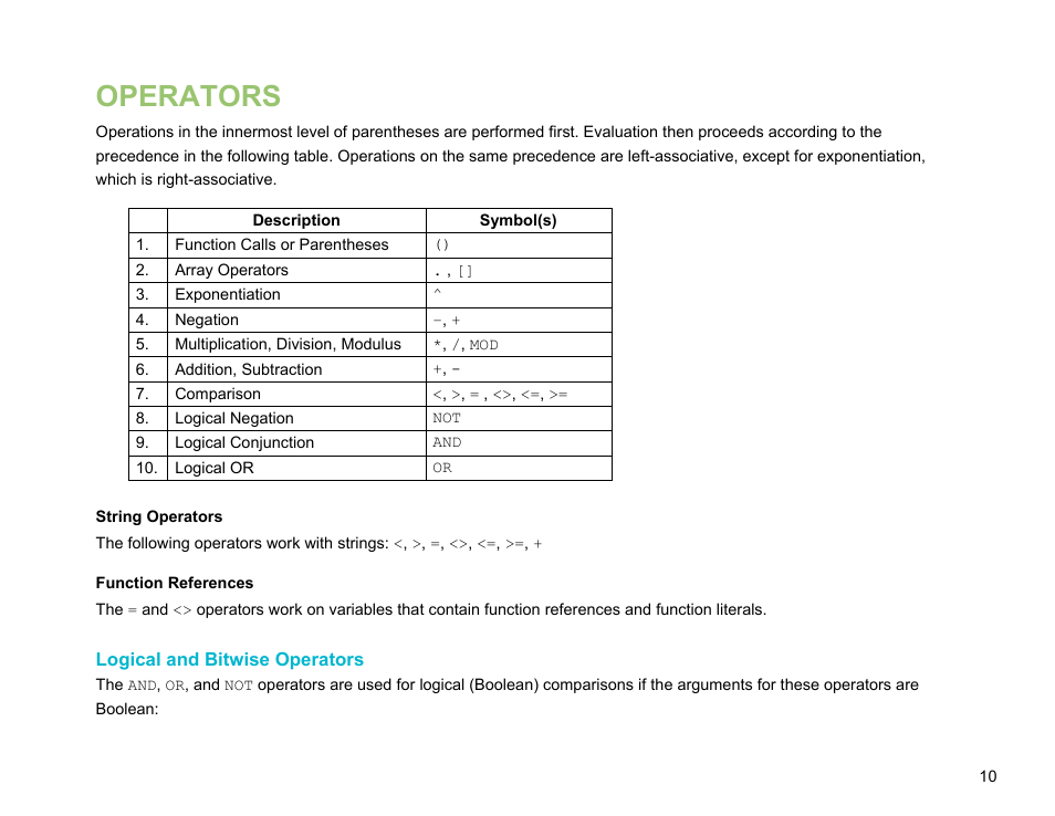 Operators, Logical and bitwise operators | BrightSign BrightScript 3.0 Reference Manual User Manual | Page 15 / 75