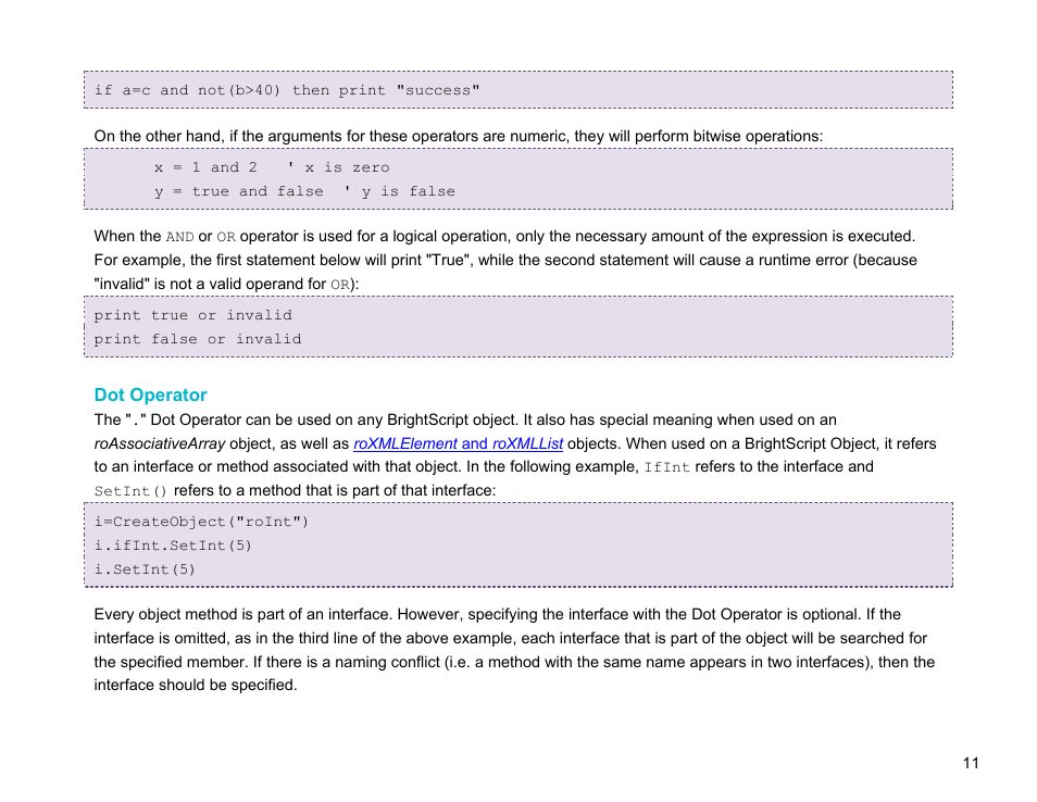 Dot operator | BrightSign BrightScript 3.0 Reference Manual User Manual | Page 16 / 75