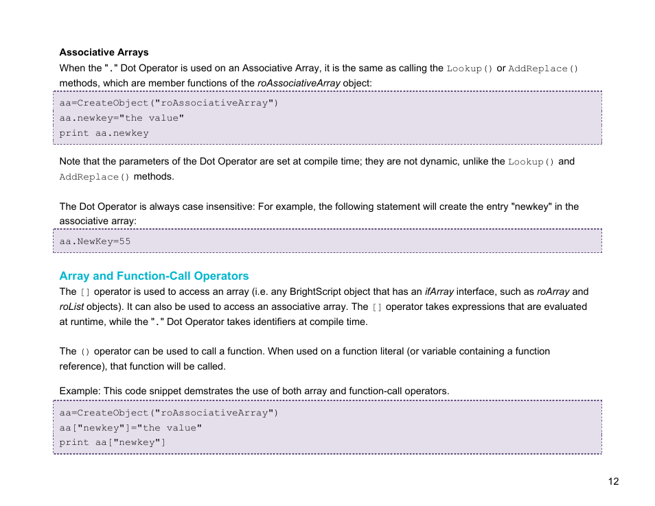 Array and function-call operators | BrightSign BrightScript 3.0 Reference Manual User Manual | Page 17 / 75