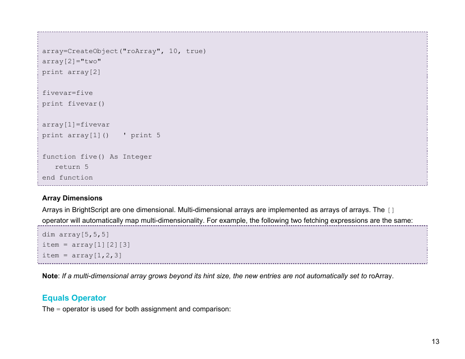 Equals operator | BrightSign BrightScript 3.0 Reference Manual User Manual | Page 18 / 75