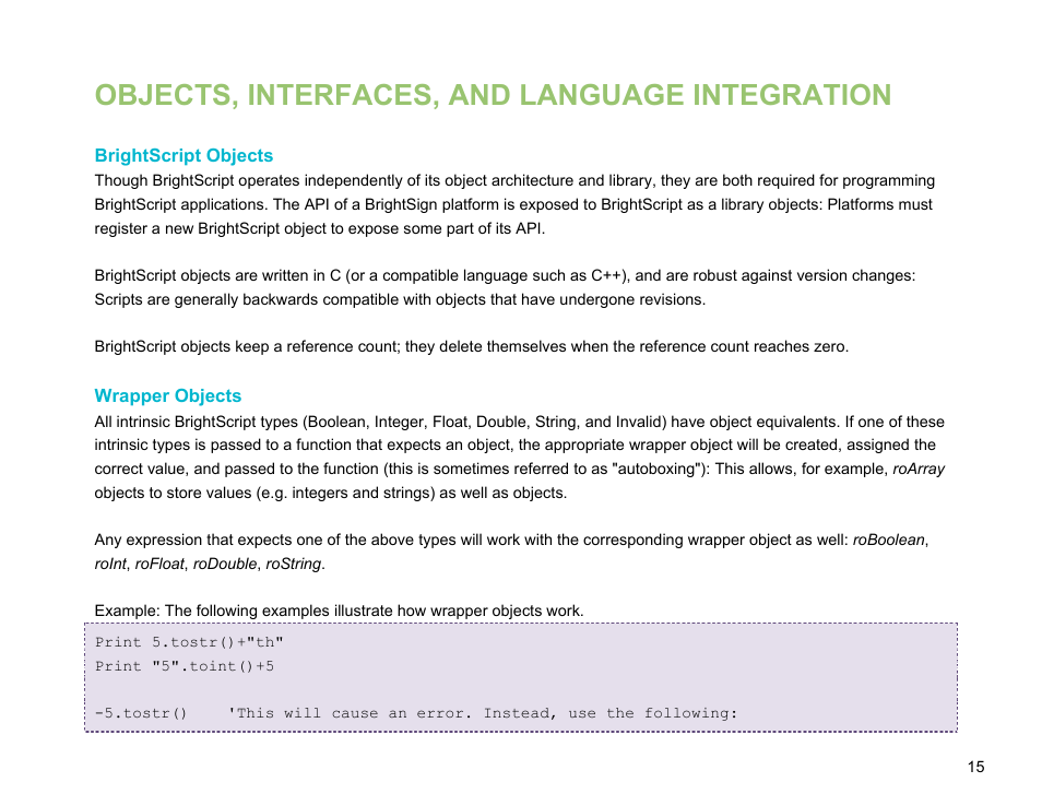 Objects, interfaces, and language integration, Brightscript objects, Wrapper objects | BrightSign BrightScript 3.0 Reference Manual User Manual | Page 20 / 75
