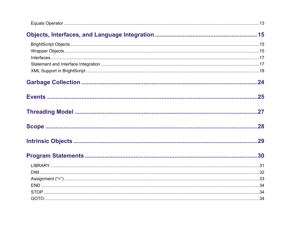 Objects, interfaces, and language integration, Garbage collection, Events | Threading model, Scope, Intrinsic objects, Program statements | BrightSign BrightScript 3.0 Reference Manual User Manual | Page 3 / 75