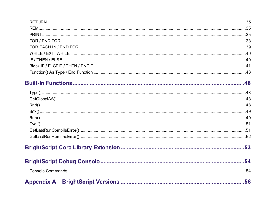 Built-in functions, Brightscript core library extension, Brightscript debug console | Appendix a – brightscript versions | BrightSign BrightScript 3.0 Reference Manual User Manual | Page 4 / 75