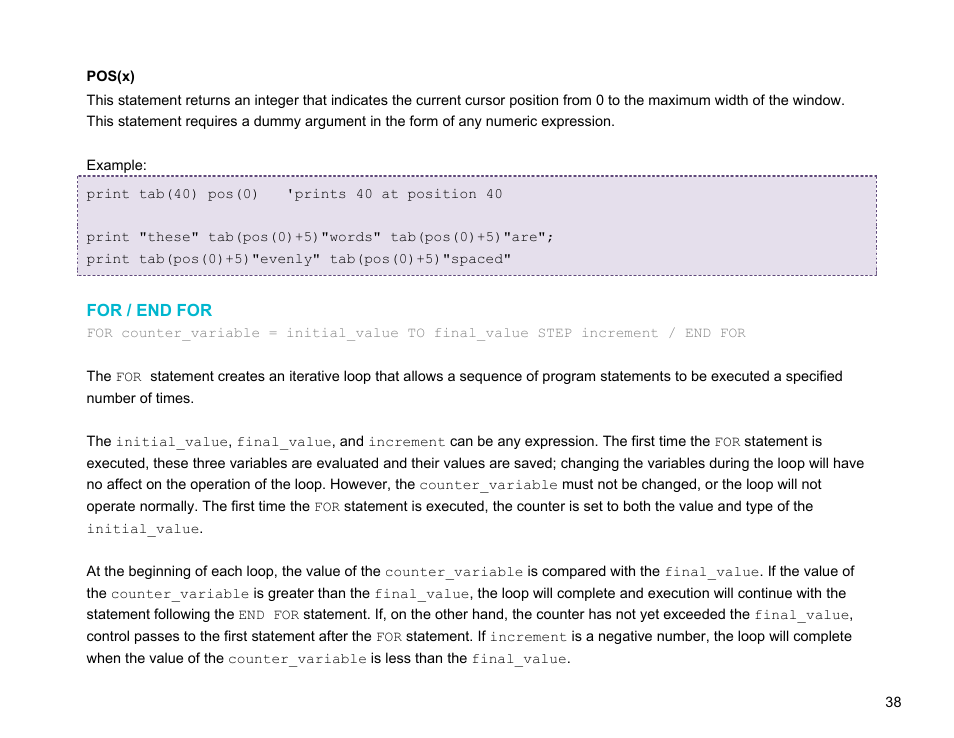 For / end for | BrightSign BrightScript 3.0 Reference Manual User Manual | Page 43 / 75