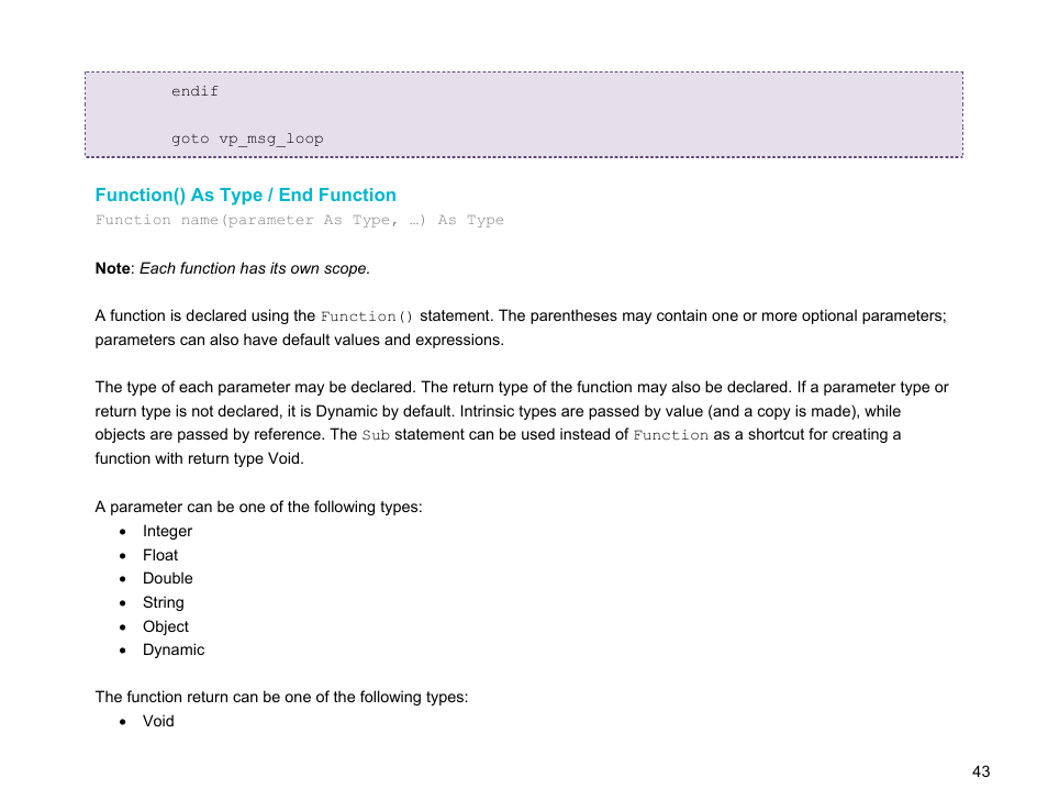 Function() as type / end function | BrightSign BrightScript 3.0 Reference Manual User Manual | Page 48 / 75