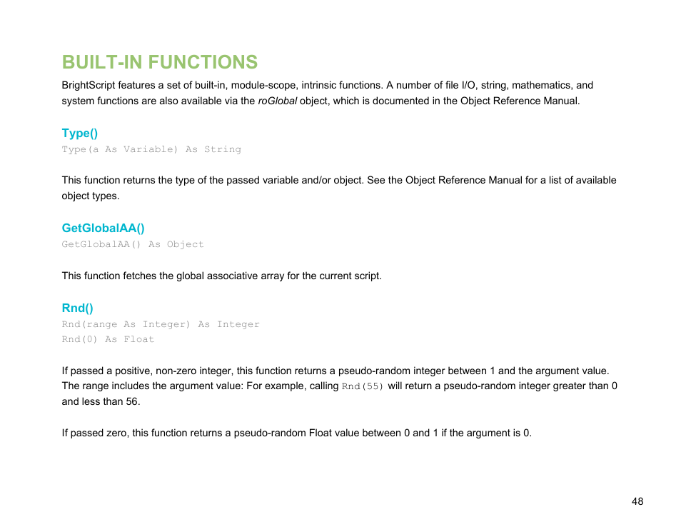 Built-in functions, Type(), Getglobalaa() | Rnd() | BrightSign BrightScript 3.0 Reference Manual User Manual | Page 53 / 75