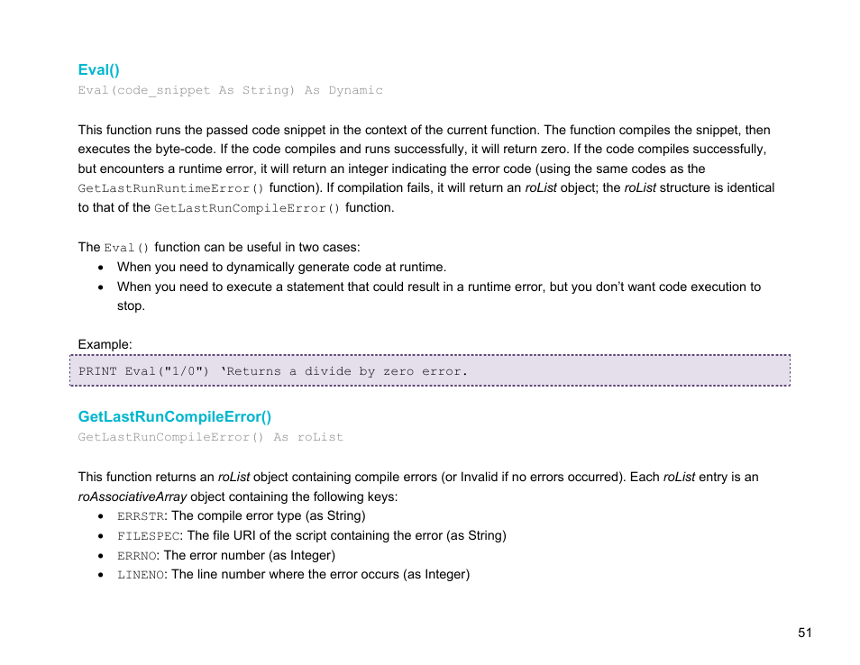 Eval(), Getlastruncompileerror() | BrightSign BrightScript 3.0 Reference Manual User Manual | Page 56 / 75