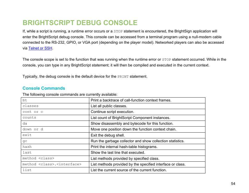 Brightscript debug console, Console commands | BrightSign BrightScript 3.0 Reference Manual User Manual | Page 59 / 75