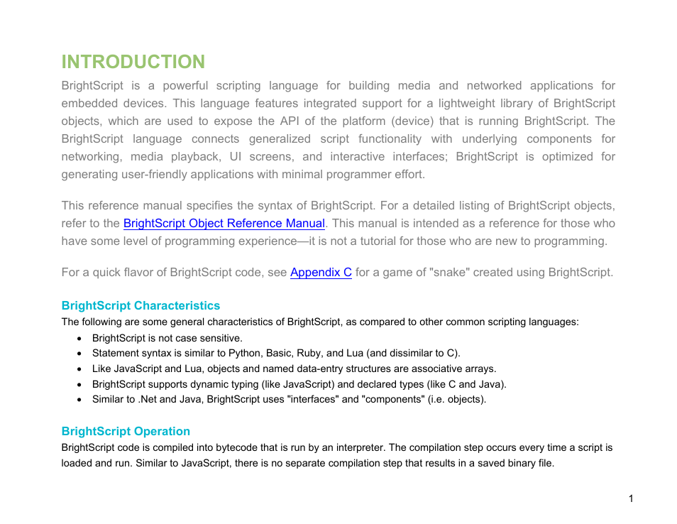 Introduction, Brightscript characteristics, Brightscript operation | BrightSign BrightScript 3.0 Reference Manual User Manual | Page 6 / 75