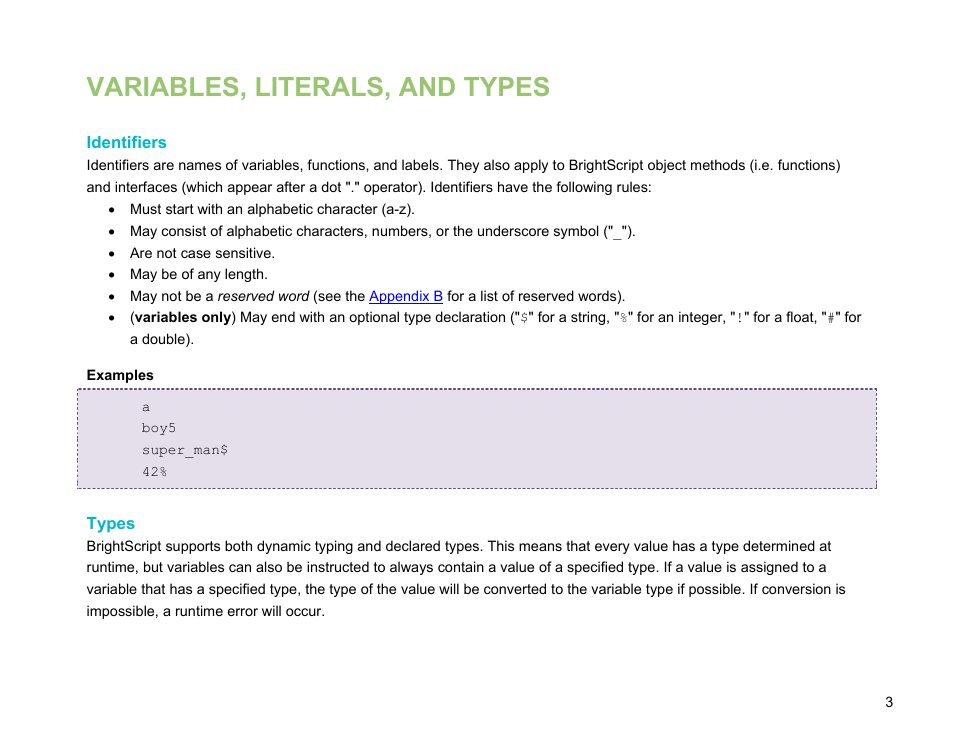 Variables, literals, and types, Identifiers, Types | BrightSign BrightScript 3.0 Reference Manual User Manual | Page 8 / 75
