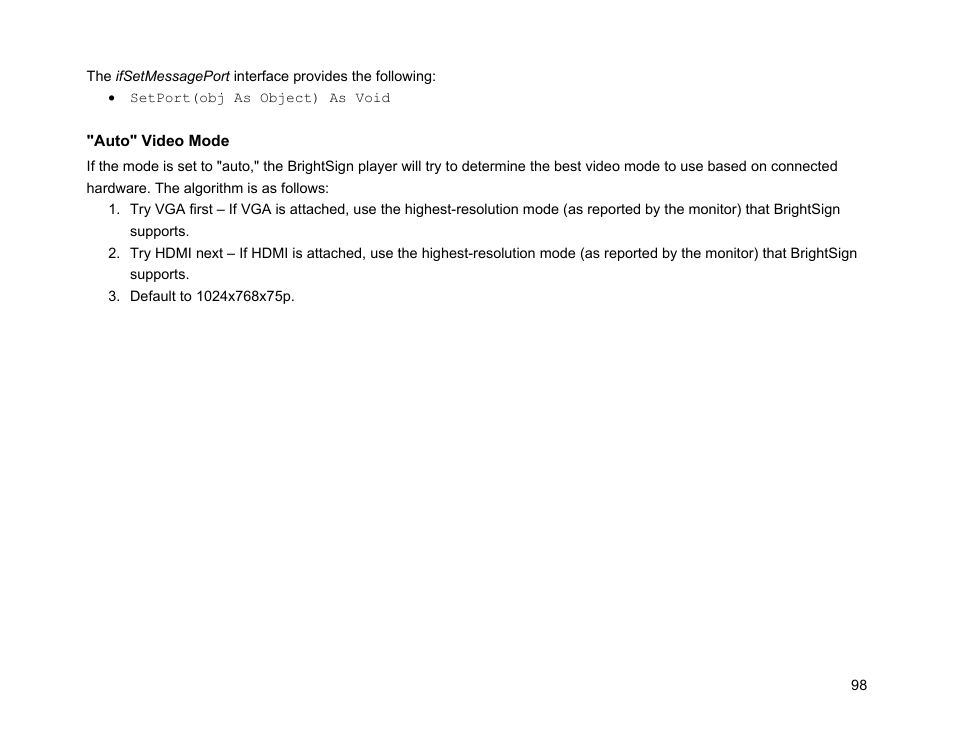 Ifsetmessageport, Auto | BrightSign Object Reference Manual (FW 5.1) User Manual | Page 106 / 341