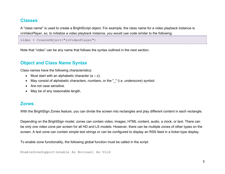 Classes, Object and class name syntax, Zones | BrightSign Object Reference Manual (FW 5.1) User Manual | Page 11 / 341