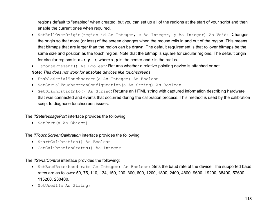 Ifsetmessageport, Iftouchscreencalibration, Ifserialcontrol | BrightSign Object Reference Manual (FW 5.1) User Manual | Page 126 / 341