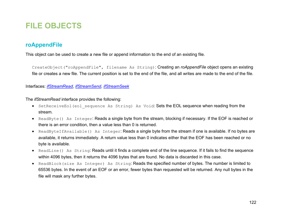 File objects, Roappendfile | BrightSign Object Reference Manual (FW 5.1) User Manual | Page 130 / 341