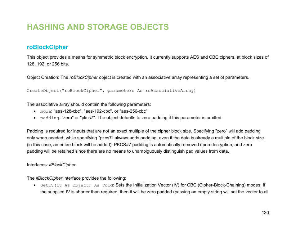 Hashing and storage objects, Roblockcipher | BrightSign Object Reference Manual (FW 5.1) User Manual | Page 138 / 341