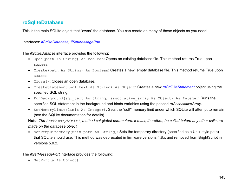 Rosqlitedatabase | BrightSign Object Reference Manual (FW 5.1) User Manual | Page 153 / 341