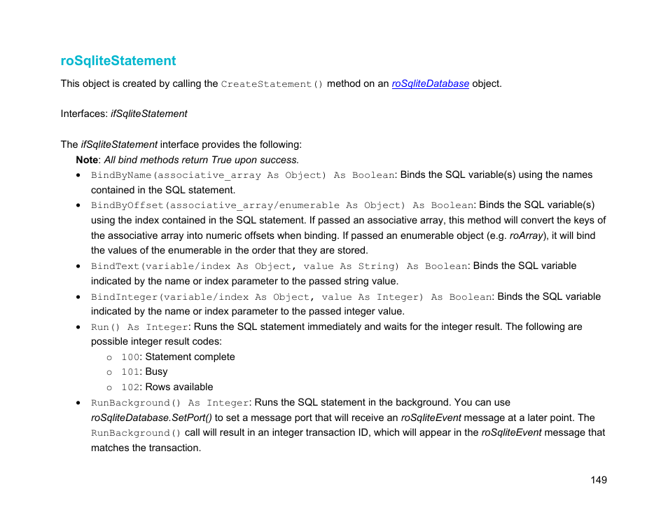 Rosqlitestatement, Rosqllitestatement.run() | BrightSign Object Reference Manual (FW 5.1) User Manual | Page 157 / 341