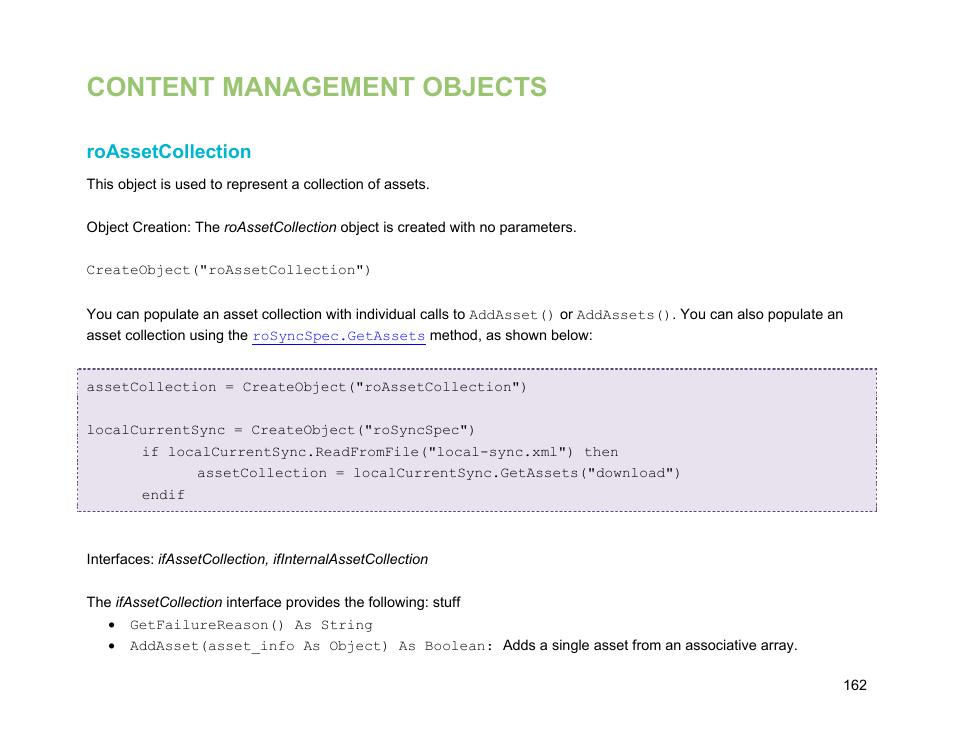 Content management objects, Roassetcollection | BrightSign Object Reference Manual (FW 5.1) User Manual | Page 170 / 341