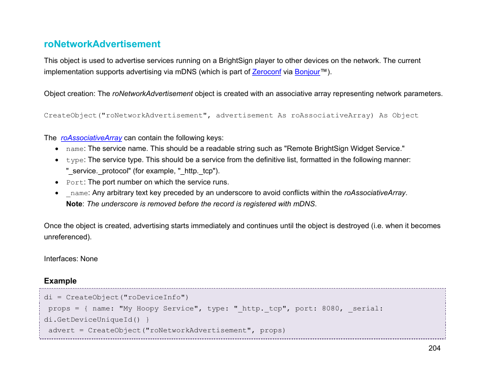 Ronetworkadvertisement | BrightSign Object Reference Manual (FW 5.1) User Manual | Page 212 / 341