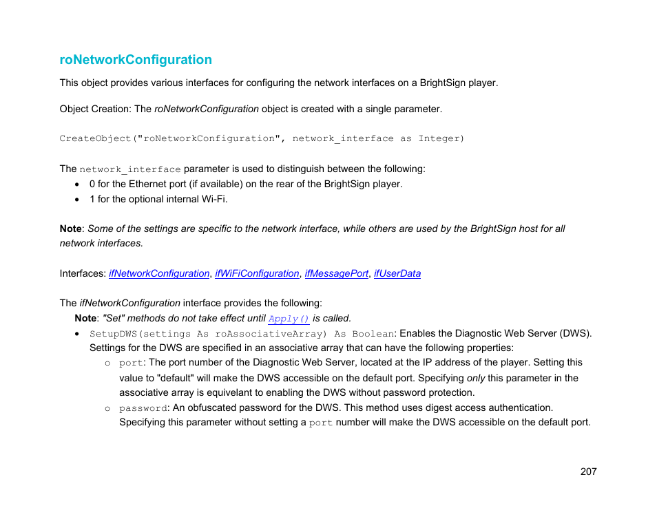 Ronetworkconfiguration | BrightSign Object Reference Manual (FW 5.1) User Manual | Page 215 / 341