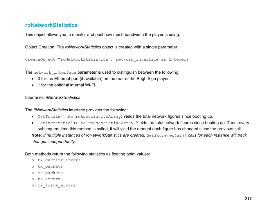 Ronetworkstatistics | BrightSign Object Reference Manual (FW 5.1) User Manual | Page 225 / 341