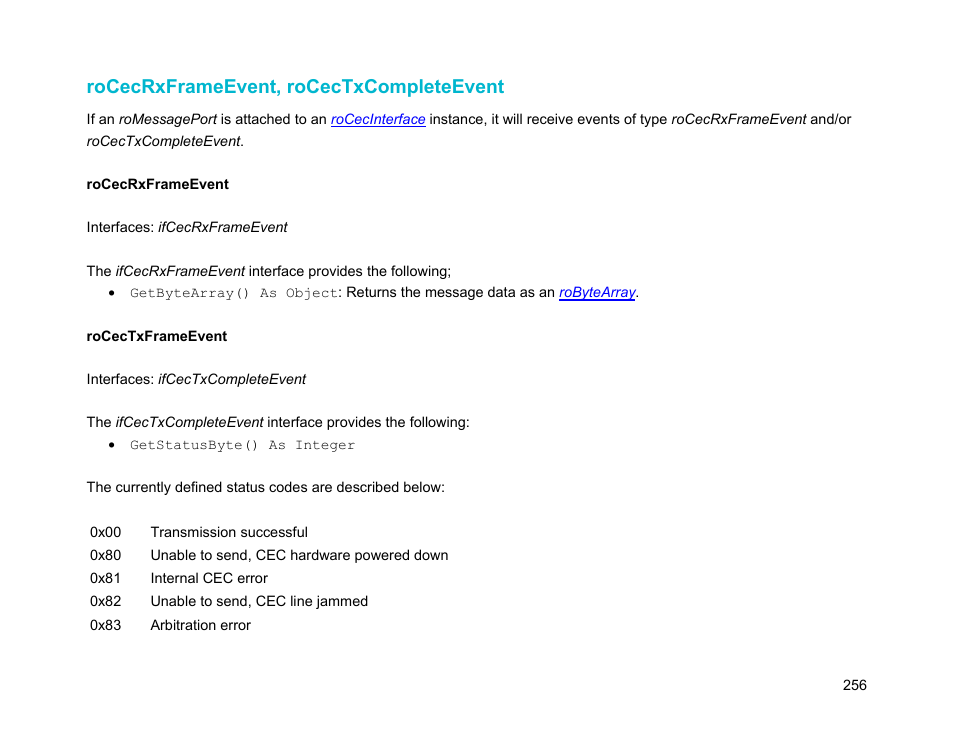 Rocecrxframeevent, rocectxcompleteevent | BrightSign Object Reference Manual (FW 5.1) User Manual | Page 264 / 341