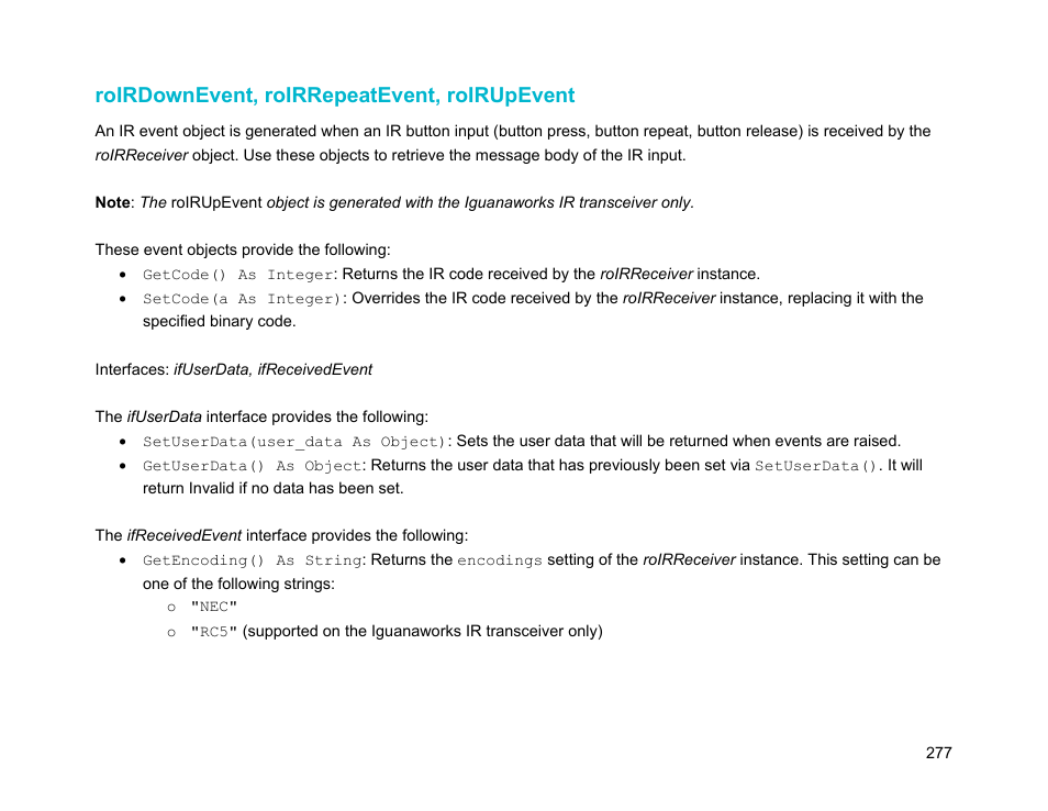 Roirdownevent, roirrepeatevent, roirupevent | BrightSign Object Reference Manual (FW 5.1) User Manual | Page 285 / 341