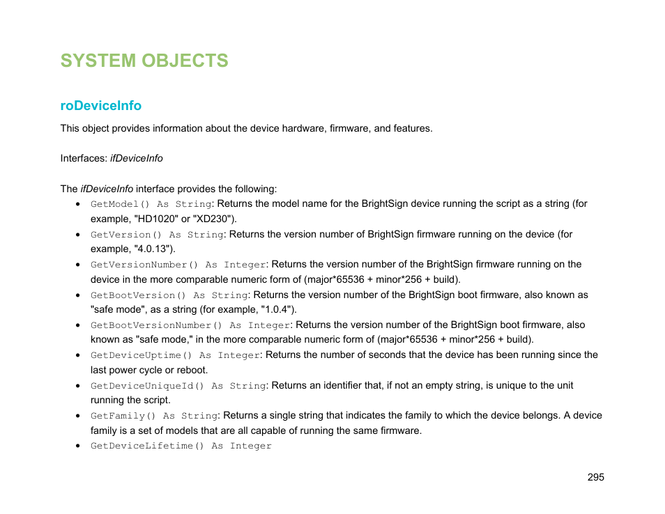 System objects, Rodeviceinfo | BrightSign Object Reference Manual (FW 5.1) User Manual | Page 303 / 341