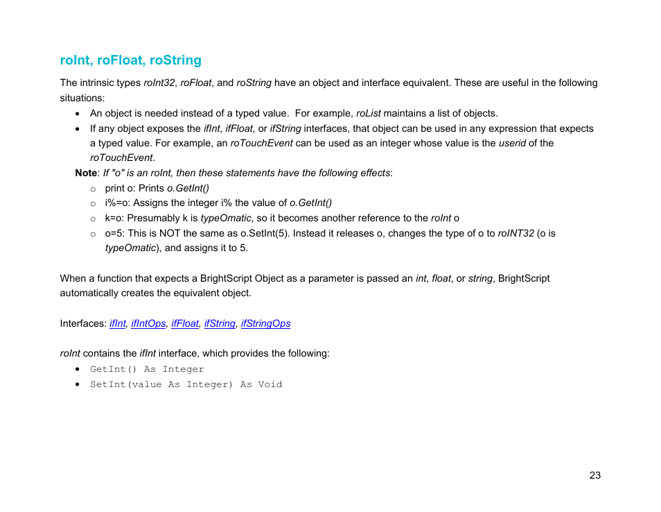 Roint, rofloat, rostring | BrightSign Object Reference Manual (FW 5.1) User Manual | Page 31 / 341
