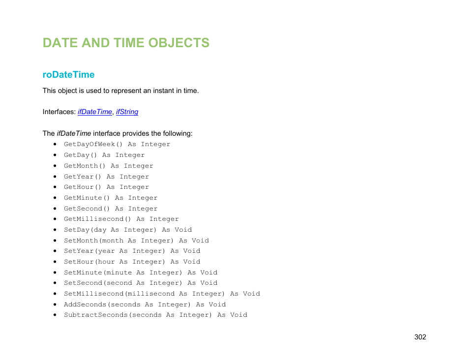 Date and time objects, Rodatetime | BrightSign Object Reference Manual (FW 5.1) User Manual | Page 310 / 341